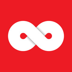 Infinity symbol icon. Representing the concept of infinite, limitless and endless things. Simple white vector design element on red background.