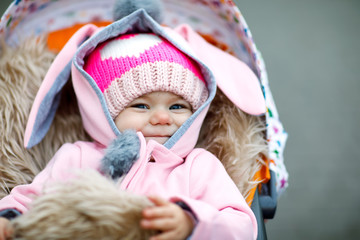 Cute little beautiful baby girl sitting in the pram or stroller on autumn day