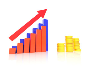 Fototapeta premium bar graph and coin on white background.