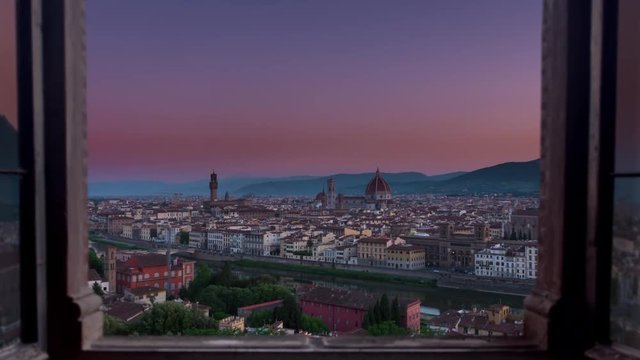 florence city skyline timelapse seen through window from night ot day