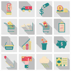 Set of business simple icons. Economic concept in flat style with long shadow