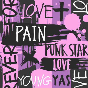 Modern grunge style font pattern. Vector seamless pattern with handwritten words and brush strokes in pink and black colors.