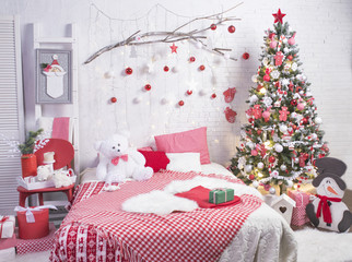 Beautiful Christmas living room with decorated Christmas tree