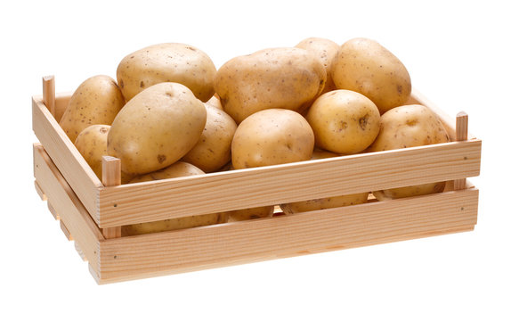Potato tubers in a wooden box. Isolated on white background.