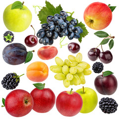 Collage of fresh fruits and berries isolated on white background with clipping path