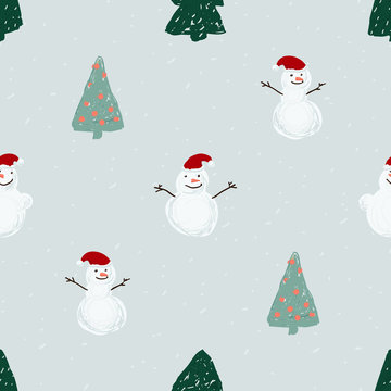Seamless pattern with snowmen, snowflakes and Christmas trees. Xmas and winter holidays elements background. Hand drawn vector texture.