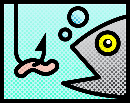Fish And Bait. Vector Illustration Of A Fish Attempting To Catch The Worm Bait.