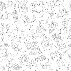 Horoscope hand draw seamless pattern, all Zodiac signs in constellation style with line and stars on endless background. Doodle background of starry zodiac symbols