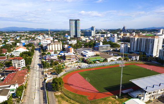 Building and soccer field in the city