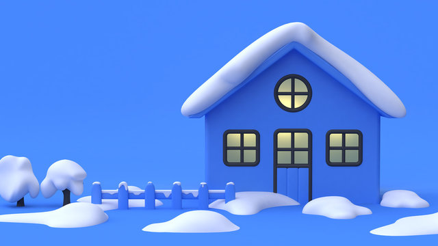 cartoon house window light 3d rendering winter snow concept