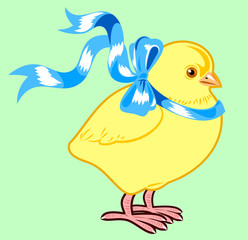 A cute little fluffy yellow chicken with a blue bow. Children's themes