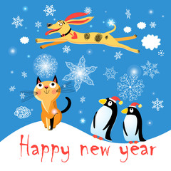 Winter postcard with a cat dog and penguins
