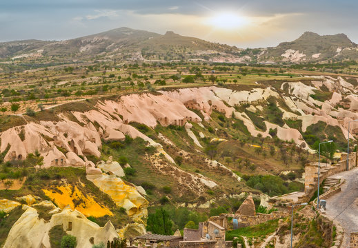 sunrise in the rocks of pink color in Cappadocia Turkey