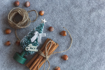 top view of small Christmas tree twine bunch of cinnamon sticks
