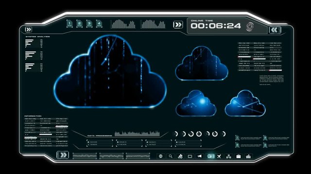4K Animation UI User Interface with cloud computer data HUD pi bar text box table and element on dark abstract background for futuristic technology concept
