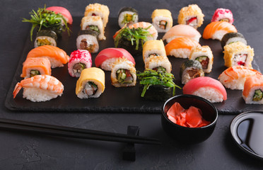 Sushi and rolls background, japanese cuisine