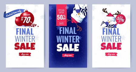 Collection of cute winter sale posters. Beautiful winter background with holiday symbols. Voucher discount. Vector illustration