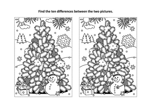 Winter holidays, New Year or Christmas themed find the ten differences picture puzzle and coloring page with christmas tree, cheerful snowman, gift box.
