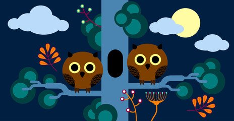 Two owls sitting on a pine. Children's theme, flat