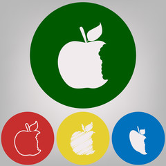 Bited apple sign. Vector. 4 white styles of icon at 4 colored circles on light gray background.
