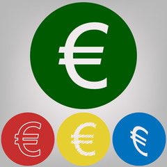 Euro sign. Vector. 4 white styles of icon at 4 colored circles on light gray background.