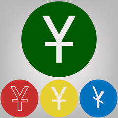 Chinese Yuan sign. Vector. 4 white styles of icon at 4 colored circles on light gray background.