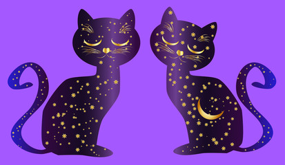 Cat-night. Cat silhouettes painted with a night sky with stars and a young moon