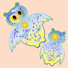 Owl-day. Owl painted in the colors of the day sky with clouds, sun, birds