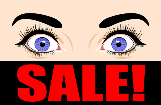 Banner about the sale with amazed female eyes