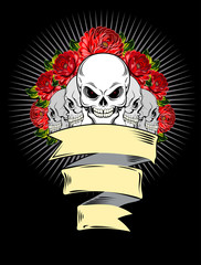 Human skull with banner and roses