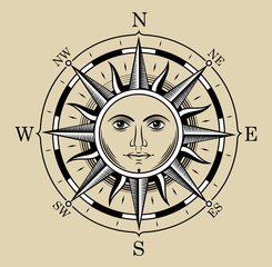 Compass in the form of the sun. The style of engraving.