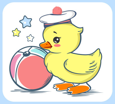 A cute little duckling in a sailor's hat and with a ball. Can be used for children's prints
