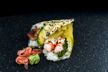 Japanese food Salmon and shrimp temaki sushi