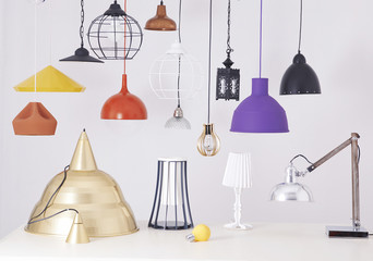 many lamps hanging  white background
