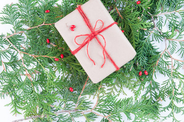 brown paper package with red twine for Christmas