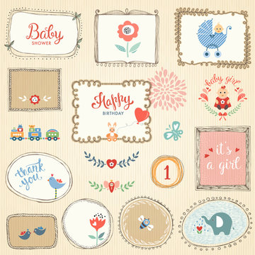 Kids elements, hand drawn frames, flowers, birds, little girl, cartoon elephant.