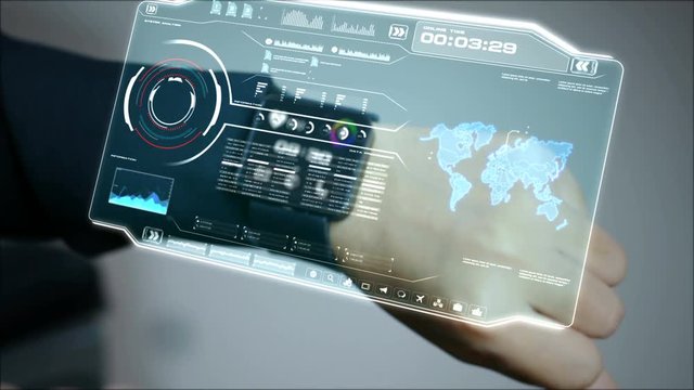 4K Business woman using smart watch with user interface HUD and graph bar pi for Cyber futuristic technology concept