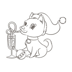 Golden dog with the champagne or lemonade and a cake. New Year symbol of 2018.