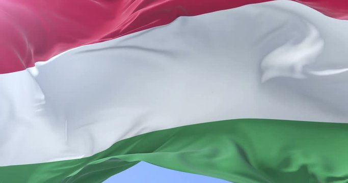 Flag of Hungary waving at wind in slow in blue sky, loop