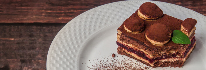 Panoramic photo of a Christmas tiramisu with fresh mint on a white plate with cinnamon on the wooden empty table