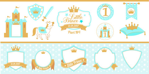 Fototapeta premium Blue and gold prince party decor. Medieval set. Cute happy birthday card template elements. Birthday party and boy baby shower design elements. Royal collection of little prince's labels (tag, badge).