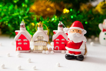 Christmas props decorations on christmas snow field background with copy space.Merry Christmas and happy new year concept.