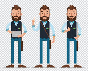Businessman cartoon character in different poses. Man hold tablet , show to up and show OK. Business character. Vector. Flat.