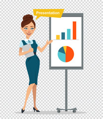 Woman with tablet standing near flipchart. Woman making presentation, showing charts, reporting, training staff