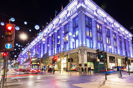 Uk, England, London Oxford Street Shops Christmas Illumination Lights Decorated For New Year 2015