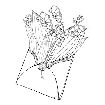 Vector bouquet with outline Lily of the valley or Convallaria flower in opened craft envelope in black isolated on white background. Contour ornate May bells for spring design or coloring book.
