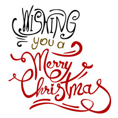 Merry Christmas hand drawn text, font, type composition. Calligraphy lettering for greeting card, banner or poster design.