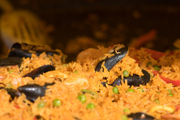 sea food paella street food with mussels 