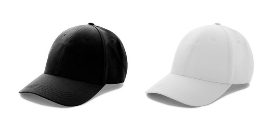 Baseball cap white and black templates, front views isolated on white background - Powered by Adobe