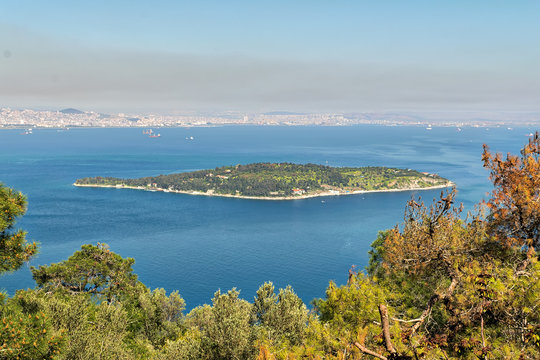 Aerial view of Sedef Island (Mother of Pearl Island) framed by green trees from Buyukada island. Both are neighbourhoods in the Adalar district of Istanbul, Turkey